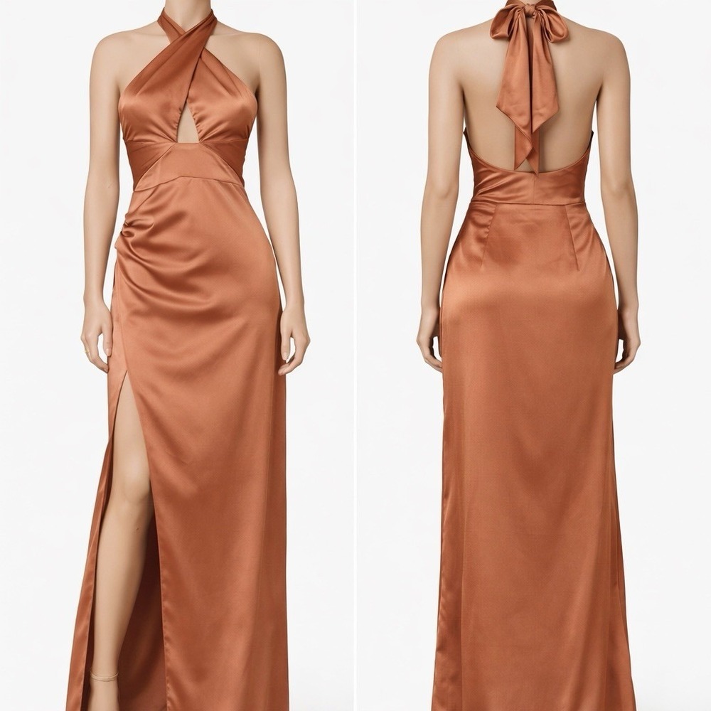 Show Me Your Mumu Adele Halter Maxi Dress Large Copper Satin Bridal Guest